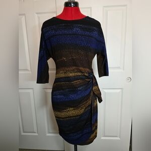 Robbie Bee Elegant Black and Blue Dress with Gold Accents